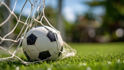 Soccer ball in a goal net on a grassy field
