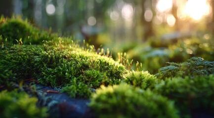 Close-up forest moss, sunlit
