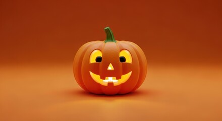Glowing jack o lantern smiling on an orange background for halloween