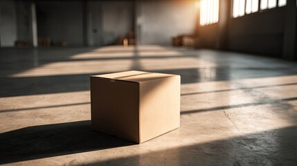 Cardboard Box in Sunlit Empty Warehouse