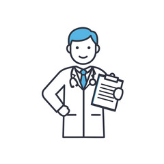 Cartoon Doctor with Clipboard Stethoscope and Blue Hair.