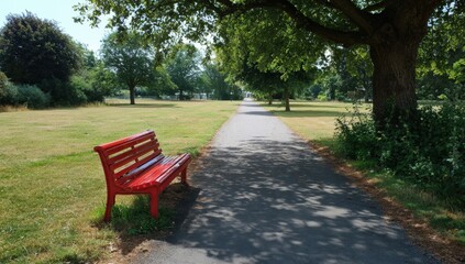 Sunny park path with a red bench