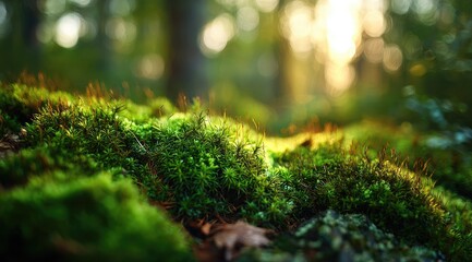 Forest moss bathed in golden sunlight
