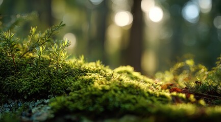 Lush green moss in forest sunlight
