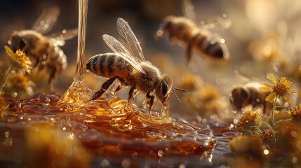 Honeybees Feasting on Golden Honey Sweet Treat Nature