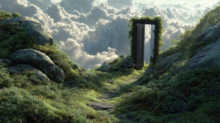 Doorway to Heaven A mystical path leads to an open door above the clouds