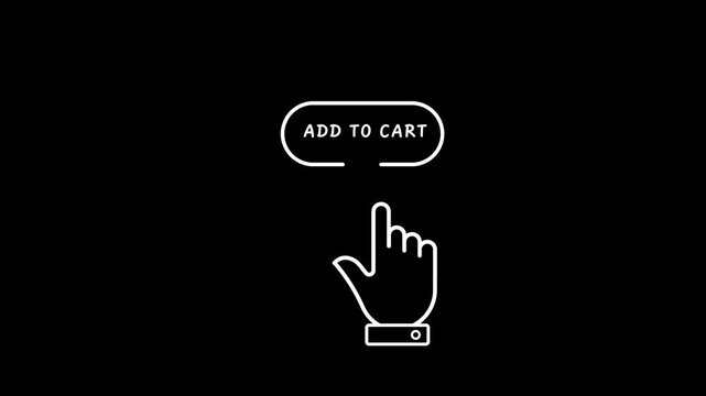 Hand cursor clicking on an add to cart button icon on a black background finger pointer