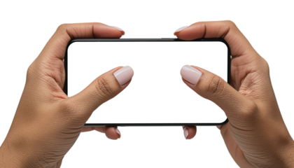 Female Hands Holding Gaming Smartphone, Close-Up, Realistic Fingers, Mobile Gaming Display, High-Resolution, Transparent Background