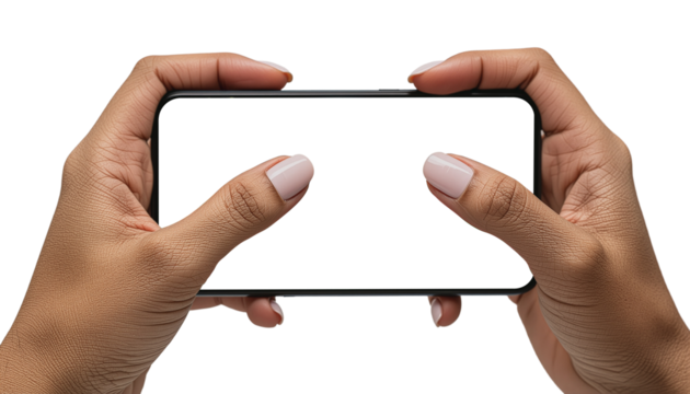 Female Hands Holding Gaming Smartphone, Close-Up, Realistic Fingers, Mobile Gaming Display, High-Resolution, Transparent Background