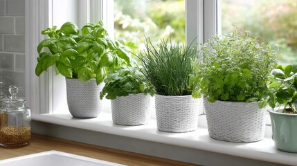 A row of potted plants sit on a window sill