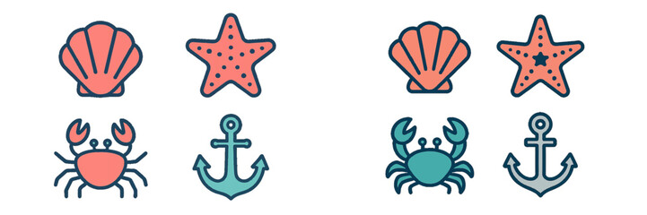 Obraz premium Marine life and nautical symbols: shells, starfish, crabs, anchors. Modern 3D Icon Set