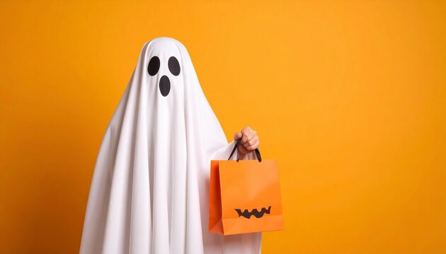 Ghost figure in white sheet holding orange shopping bag on bright orange background