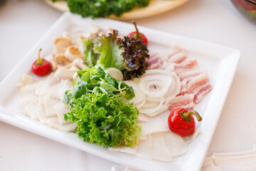 close up view of delicious Ukrainian food pork fat with onions pieces 
