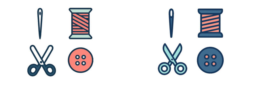 Sewing Tools Icons: Needle, Thread, Scissors, Button. Modern 3D Icon Set