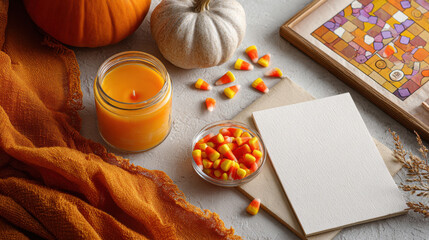 Cozy Halloween night is perfect for enjoying board game with friends while savoring candy corn and warm glow of candle