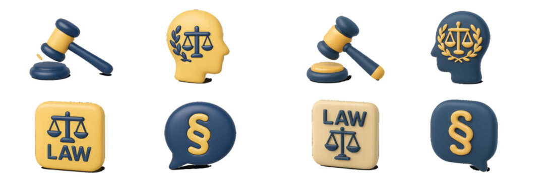 Gavel, Scales, Paragraph Symbol, and Head Silhouette for Law and Justice. Modern 3D Icon Set