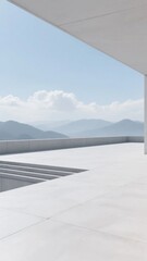 Modern minimalist balcony overlooking a serene mountain landscape under a clear sky