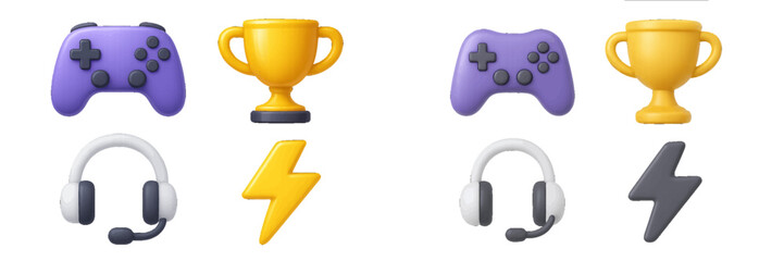 Gaming icons with controller, headphones, trophy, and lightning bolt. Modern 3D Icon Set