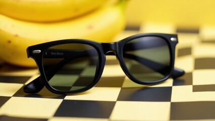 Stylish black sunglasses resting on a checkered surface with bananas in the background