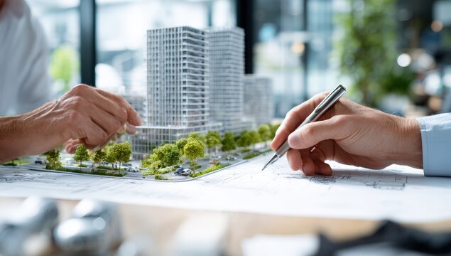 Architects reviewing building model