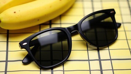 Black sunglasses and ripe bananas on a yellow grid background
