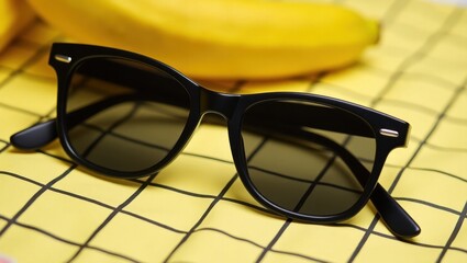 Stylish black sunglasses resting on a yellow checkered cloth with blurred bananas in the background