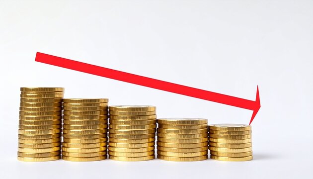 Descending stacks of gold coins under a red downward arrow