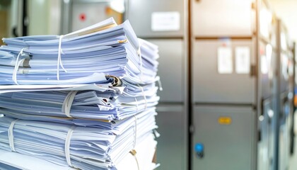 A tall stack of bundled papers tied with white strings sits in front of metal filing cabinets bathed in warm sunlight