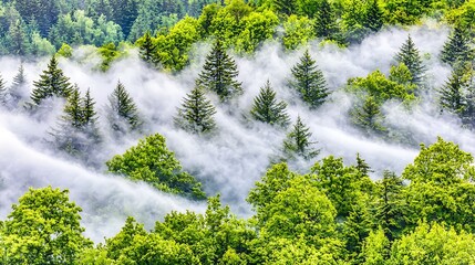 Moody dense forest scene in 4K using a 70-200mm f2.8 lens, natural morning fog weaving through pine trees, cinematic depth with soft contrast