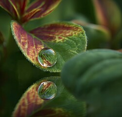 Dewdrop on vibrant leaf, reflecting itself