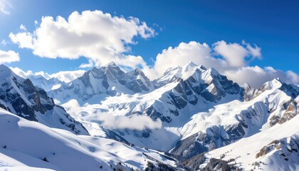 Fototapeta premium Snow-covered mountain range against a bright blue sky with fluffy white clouds, highlighting the peaks and valleys