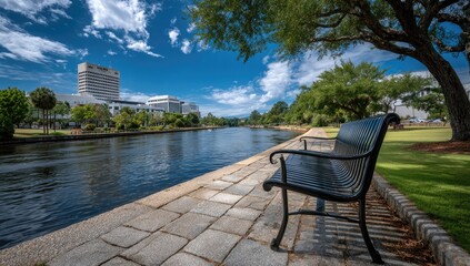 Fototapeta premium City canal scene with park bench