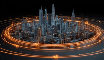 Futuristic cityscape, orbiting energy