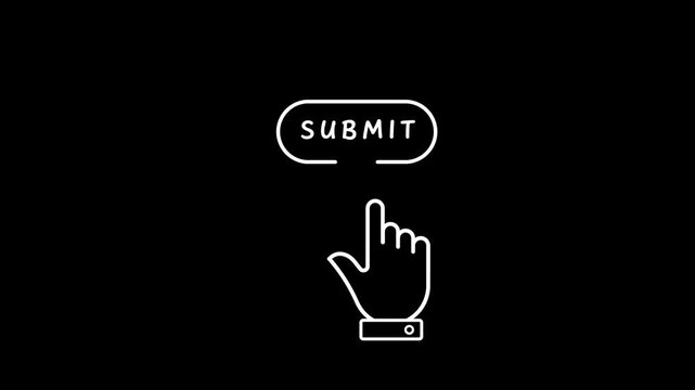 White outline icon of a hand pressing an oval button with the word SUBMIT on a black background