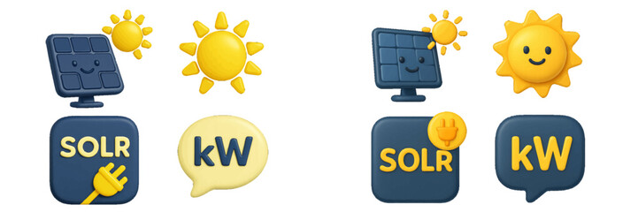 Solar panel and sun icons with power plug and kilowatt symbols. Modern 3D Icon Set