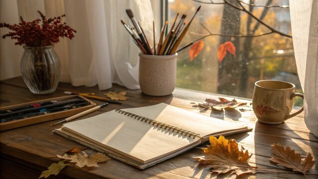 Autumn workspace with open sketchbook,leaves,brushes and tea mug on a wooden surface by the window