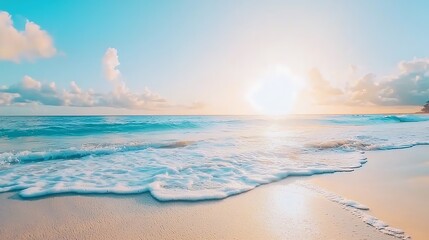 Minimalist ocean horizon at sunrise, captured with high-definition clarity in 4K using 35mm f1.4 lens, warm golden hues across smooth water texture