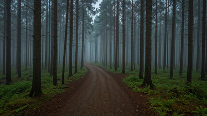 Fototapeta premium Fog-Covered Path Among Tall Pine Trees in Marshland