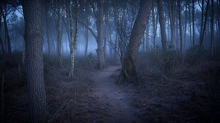 Moody dense forest scene in 4K using a 70-200mm f2.8 lens, natural morning fog weaving through pine trees, cinematic depth with soft contrast