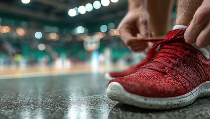 Close-up of tying athletic shoes in a gym