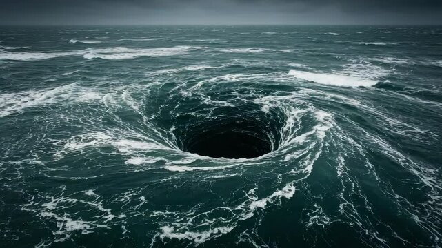 Massive Ocean Whirlpool Spiraling under Cloudy Sky in a Dramatic Catastrophic Scene