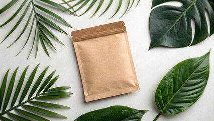 Brown paper pouch mockup surrounded by green tropical leaves for eco friendly products packaging display presentation