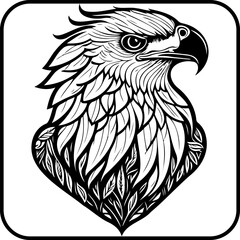 Stylized monochrome eagle illustration with detailed feathering and botanical accents evoking