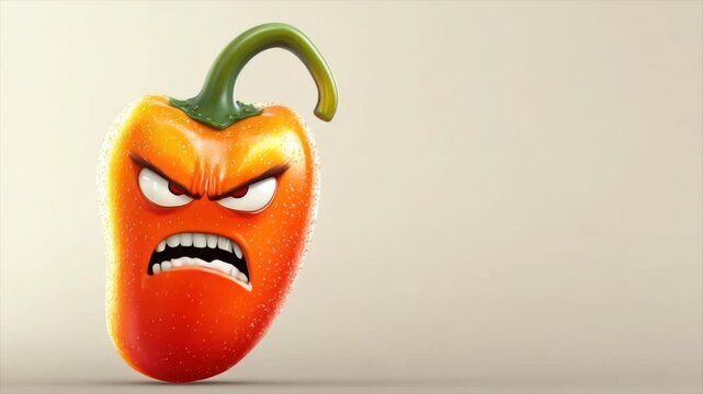 An angry, cartoonish bell pepper with a vibrant orange color and a menacing expression