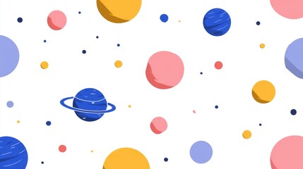 Planets of the solar system illustrated in flat colorful style, arranged into a seamless repeating pattern