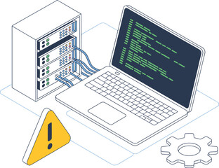 Server Racks Connected to Laptop with Code computer