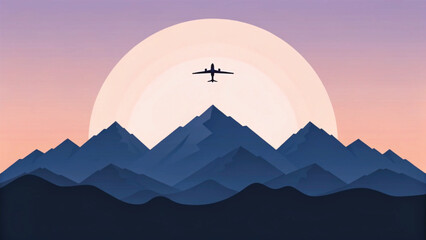 Obraz premium Airplane flying over mountains at sunset aircraft travel