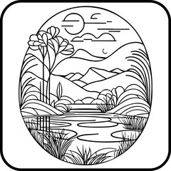 Stylized serene landscape with a calm body of water, trees, and distant mountains in a circular