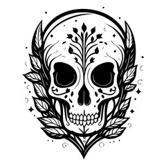 Stylized skull adorned with botanical elements an artistic representation of mortality and nature