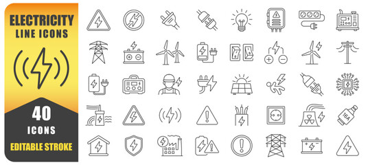 Electricity Line Icon Set With 40 Editable Stroke Designs. Thin Line Icons Collection Featuring Power, Energy, Plugs, Switches, Batteries, Wind Turbines, And Electrical Safety Symbols. Isolated Vector © frank